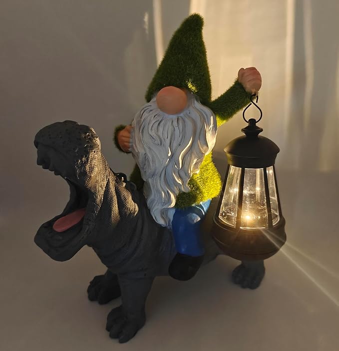 11.8" Gnome Riding Hippo Solar Statue Gnome Solar Statues with Solar Lantern Hippo Garden Decor Patio Balcony Yard Lawn Unique House Warming Gift