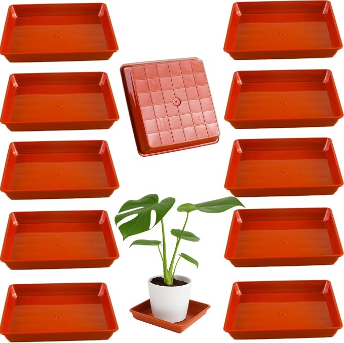 10 Pack Square Plant Saucer 13 Inches Plant Trays for Pots Plastic Round Drip Trays Flower Pot Saucers Black Planter Water Tray Plant Drainage Tray, Brick Red