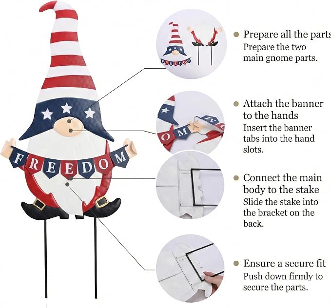 TERESA'S COLLECTIONS 4th of July Decorations, Patriotic Decorations for Memorial Day, 250th Independence Anniversary Metal Gnome Yard Art Stake, Freedom Outdoor Garden Lawn Patio Decor, 27''