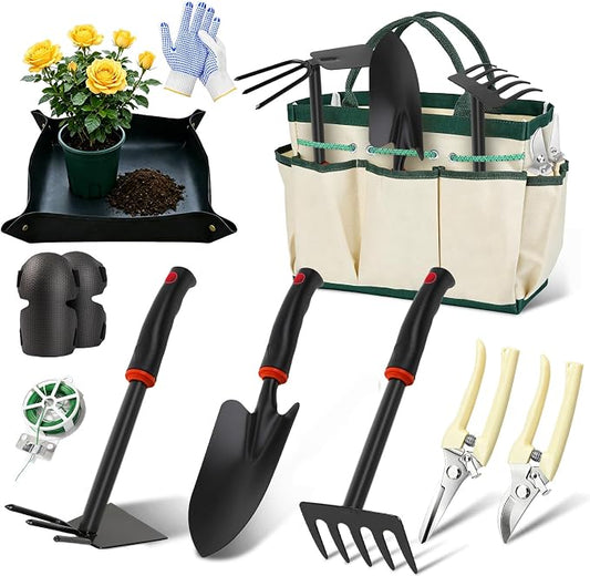 Gardening Tools, Garden Hand Tools for Gardening, with Non-Slip Rubber Grip, Gloves & Storage Tote Bag, 10Pcs Gardening Accessories Set Kit Gifts for Men Women