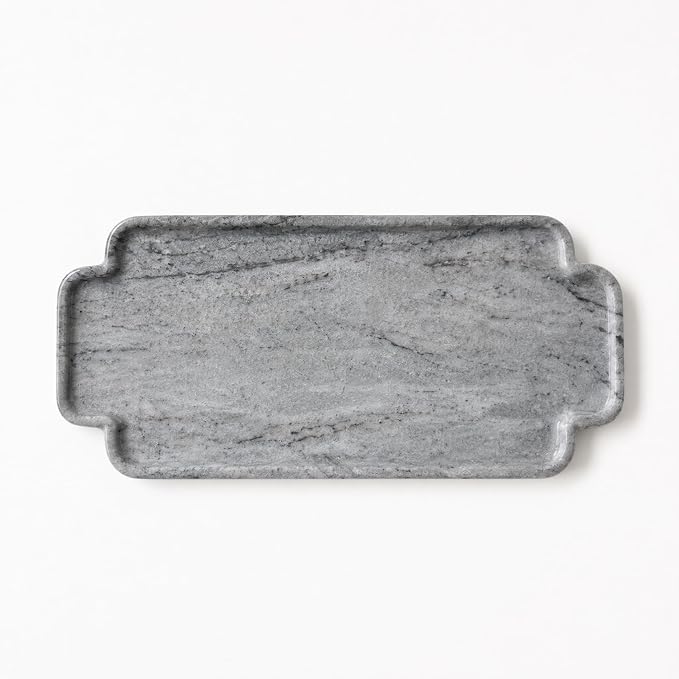 Natural Marble Scalloped Tray 12in Solid Stone Vanity Organizer | Grey Natural Marble Scalloped Vanity Tray 11.8x5.9" Hand-Polished Stone Dish for Candle, Jewelry, Bathroom Decor