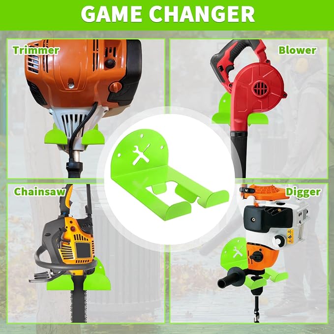 Upgraded Trimmer Rack Wall Mount - 8" Heavy Duty Weed Eater Hanger for Garage Wall, Garden Power Tool Holder Organizer Hooks for Grass Trimmer, Hedge Trimmer, Leaf Blower and Chainsaw, Green, 4 Pack
