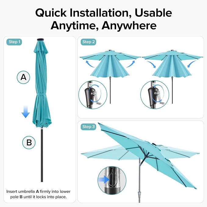 NEWBULIG 10ft Solar Patio Umbrella with 32 LED Lights, Table Market Umbrella with Tilt Adjustment & Crank Lift, Outdoor Sun Umbrella for Garden, Deck, Backyard, Pool and Beach