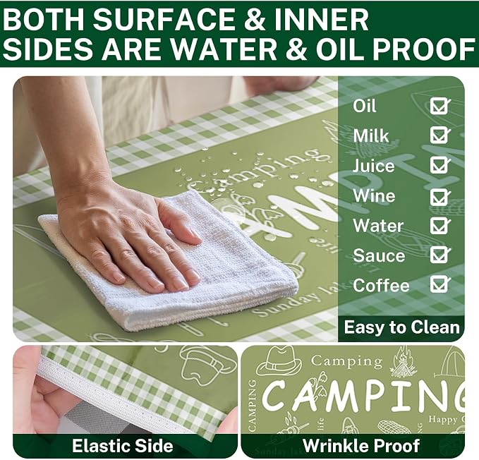 Picnic Table Cover with Bench Covers Elastic Edges, Green Camper Fitted Table Cover, Outdoor Patio Camping Essentials 72 Inch 3PCS, Waterproof Camping Fitted Tablecloth with Drawstring Bag
