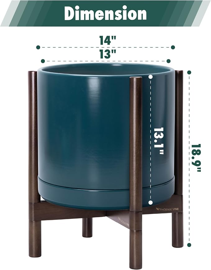 D'vine Dev Ceramic Planter with Walnut Color Stand - 14 Inch Modern Round Flower Pot with Wood Planter Holder, Teal, 55-B-T-4