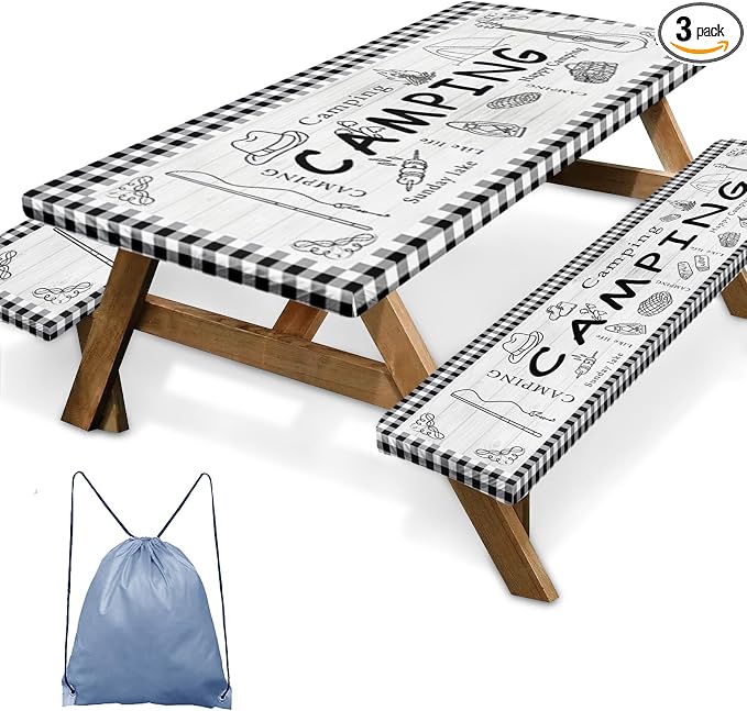 Picnic Table Cover with Bench Covers Elastic Edges, Farm Plaid Fitted Table Cover, Outdoor Patio Camping Essentials 60 Inch 3PCS, Waterproof Camping Fitted Tablecloth with Drawstring Bag