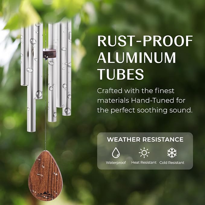 Silver Wind Chimes for Outside Deep Tone, 28 Inch Havasu Hand Tuned E Major Wind Chime, Adjustable Clapper, Aluminum Beech Wood Garden Patio Porch Decor, Memorial Housewarming Gift