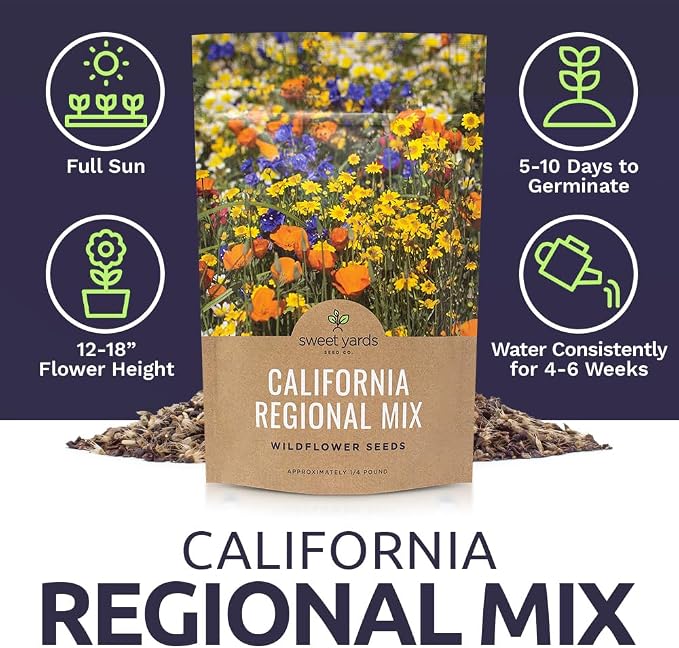 California Wildflower Mixture - Bulk 1/4 Pound Bag - Over 30,000 Native Seeds - Open Pollinated and Non GMO