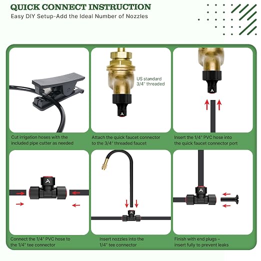 A ANLEOLIFE 50FT Drip Irrigation Kit for Patio, Potted Plants, 360° Bendable Copper Nozzles, Quick-Connect 1/4" Tubing for Container Gardens, Micro Drip with Adjustable Water Flow (Timer Not Included)