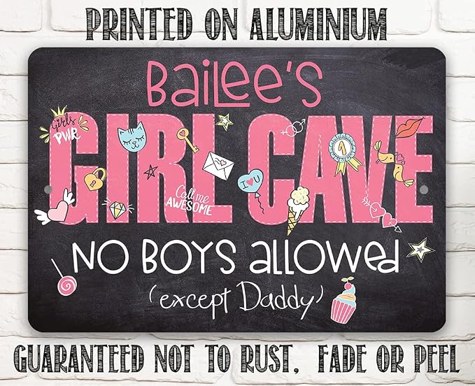 Personalized - Girl Cave - Great Girl Room Decor, Dorm Room Essentials, Preppy Pink Room Decoration, Teen's Room She Shed Sign Gift, Chalkboard Style 8x12 Indoor or Outdoor Durable Metal Sign