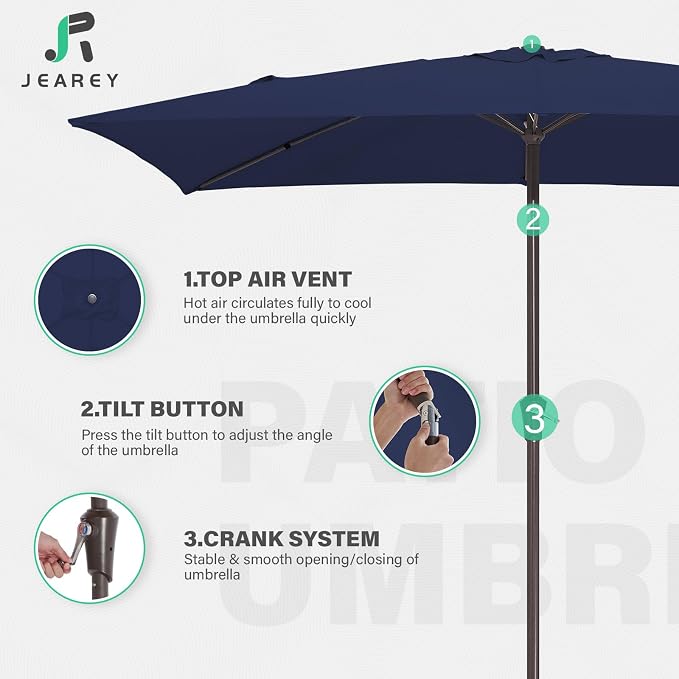 JEAREY 6.5x10 ft Rectangular Patio Umbrellas Rectangle Outdoor Umbrella with Push Button Tilt and Crank, Market Table Umbrella 6 Sturdy Ribs UV Protection for Poolside Garden Backyard Deck, Navy