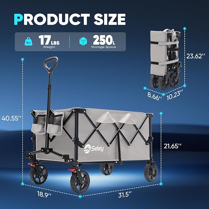 Sekey Collapsible Foldable Wagon with 300lbs Weight Capacity, Heavy Duty Folding Wagon Cart with Big All-Terrain Wheels & Drink Holders.Gray