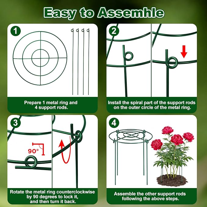 5 Pack Metal Peony Cages and Supports with 20 Plant Twist Clip Ties, Plant Support Stakes for Indoor Outdoor Plants, Tall Plant Holder Stick Kit, Plant Support Ring for Peony, Rose,Tomato, Hydrangea