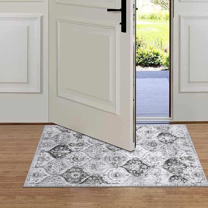 Lahome Moroccan 2x3 Rugs for Entryway, Soft Kitchen Rugs Non Slip Washable | Trellis Non-Slip Indoor Door Mat Ultra-Thin Small Throw Carpet for Bathroom Bedroom Entry Elise, Silver/Grey