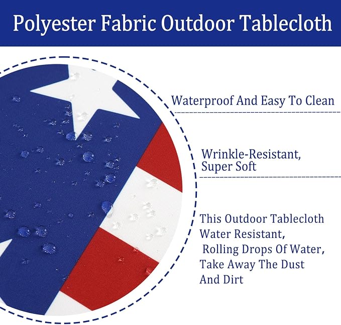 Outdoor Tablecloth with Umbrella Hole 4th of July Decorations Patriotic Decor Waterproof Polyester Rectangle for Picnic, BBQ, Party 60 x 102 in