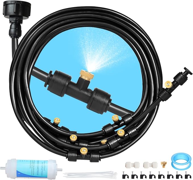 35FT Mister for Outside Patio Misting Cooling System, 35FT (11M) Misting Line+7 Brass Mist Nozzles+Water Filter, Outdoor Mister System for Garden Greenhouse Trampoline Waterparke
