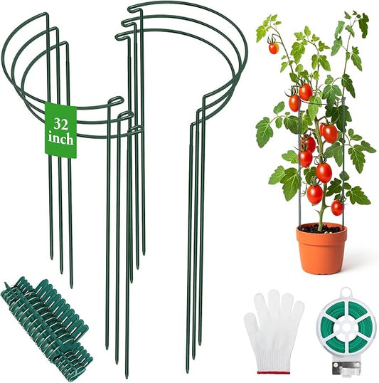 Unves 6 Pack Peony Cage, 32" H x 13" W Half Round Ring Metal Plant Support Stakes, Heavy Duty Peony Cages and Supports for Indoor Outdoor Plants, Vegetables and Flowers with Clips, Ties and Gloves