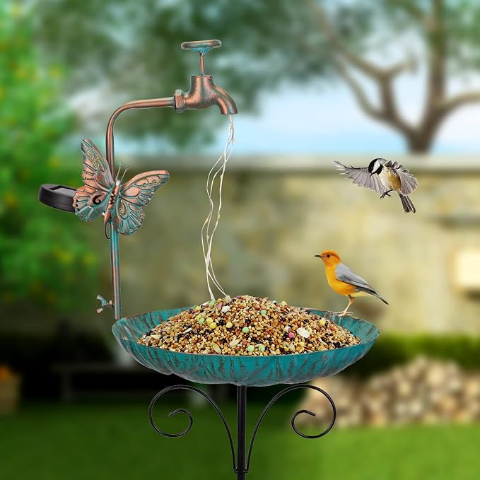 dreamysoul 50” Height Solar Bird Bath with Metal Stake Antique Bronze Faucet Solar String Light Birdbath for Outdoor Garden Decoration