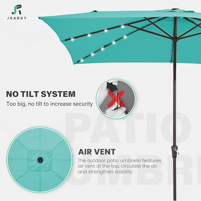 JEAREY 8x10 ft Rectangular LED Lighted Patio Umbrellas Outdoor Solar Table Market Umbrella w/Crank, 8 Sturdy Ribs, UV Protection Waterproof Sunproof(Teal)