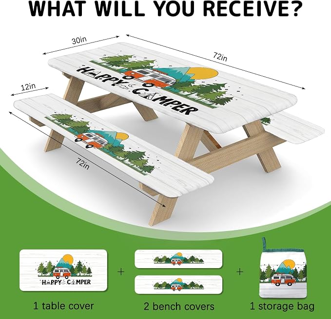 Picnic Table Cover with Bench Covers Elastic Edges, 3 Pcs Forest Fitted Table Cover with Drawstring Bag, Waterproof Windproof Aesthetic Camping Tablecloth, Outdoor Camping Essentials 72 Inch