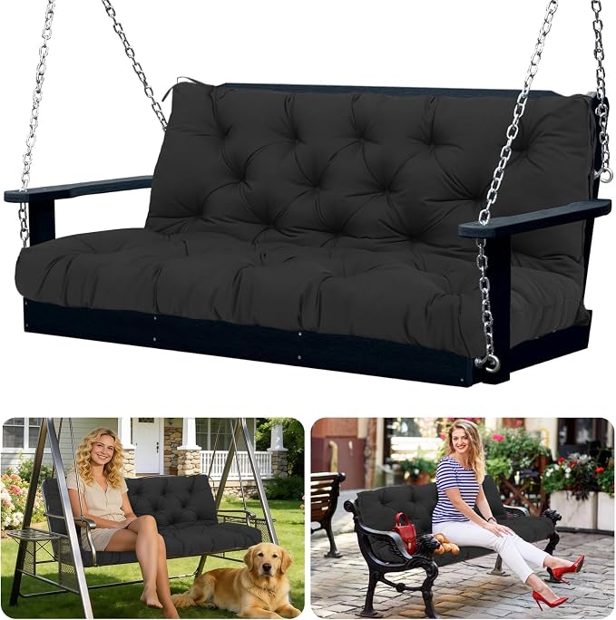 Porch Swing Cushions 2 Seater Replacement Thicken 5" Waterproof & Fade Resistant Swing Cushions for Outdoor Furniture Bench Patio Swing Cushion with Backrest & Ties(Black 40x40x5inch)