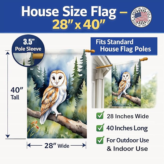 Caroline's Treasures Barn Owl House Flag Large Porch Sleeve Pole Decorative Outside Yard Banner Artwork Wall Hanging, Polyester, House Size, Multicolor