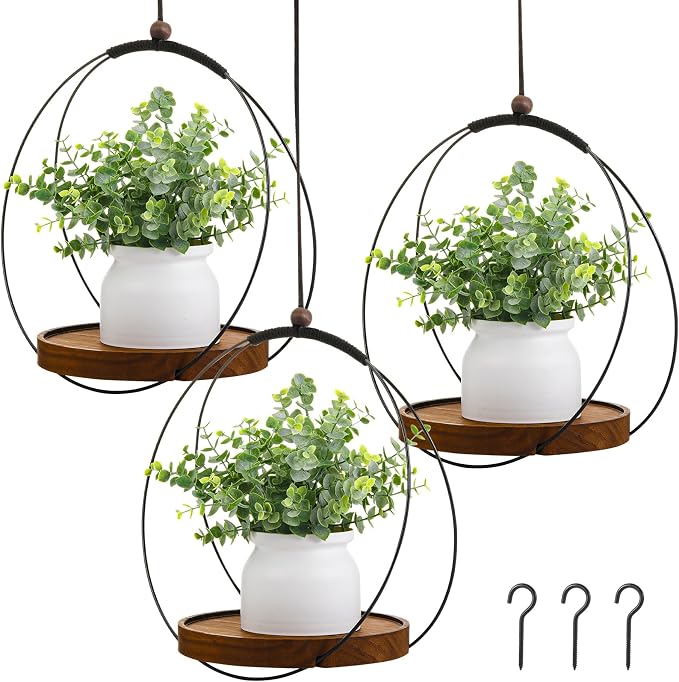 Threehoney 3 Pack Hanging Planters for Indoor Black Plant Hanger with Round Wood Base Large Indoor Hanging Plant Shelf Boho Holder Gift for Mom,Housewarming (9.8 '')
