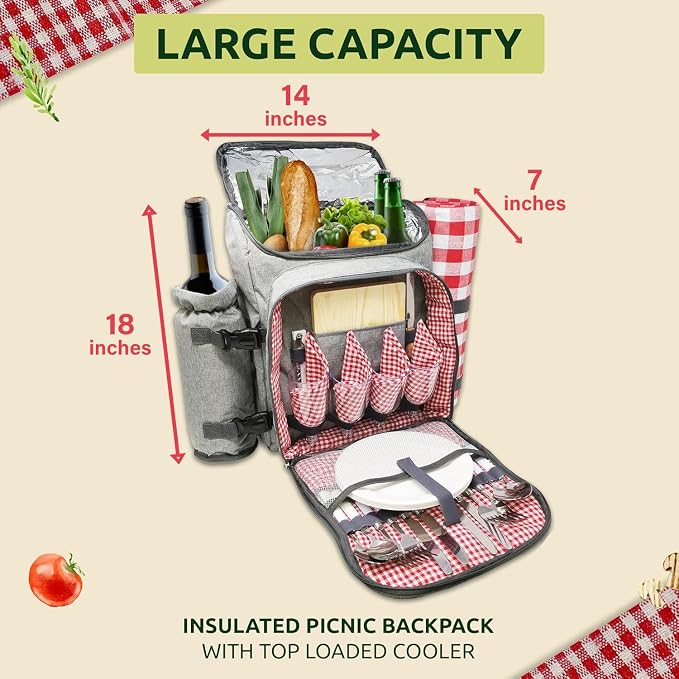 Nature Gear Picnic Backpack for 4, Insulated Picnic Set with Dinnerware, Wine Cooler, Blanket & Cutlery Service, Waterproof Outdoor Bag for Beach, Camping, Travel & Park, Red