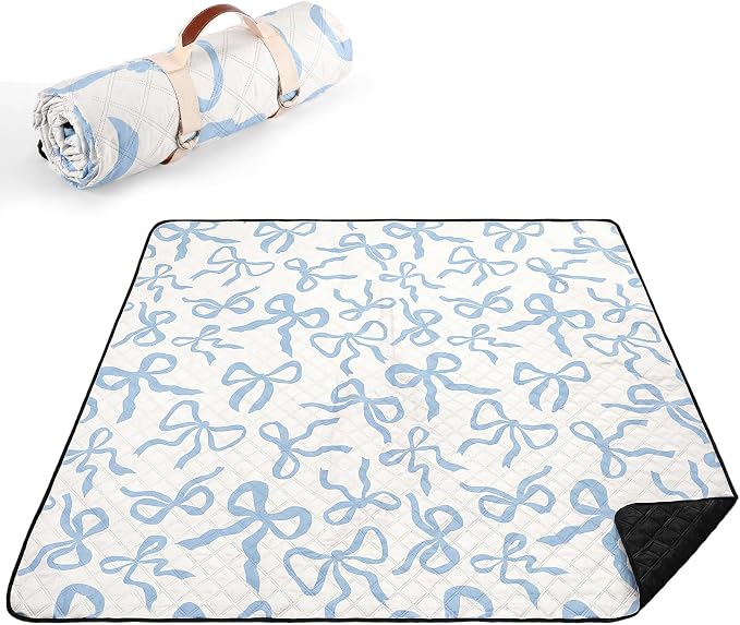SmoothNovelty Blue Bow Picnic Blanket 80'' x 80'' Waterproof Extra Large Camping Blanket Coquette Picnic Mat Foldable Portable Preppy Outdoor Beach Mat with Carry Strap for Outdoor Grass Lawn Park