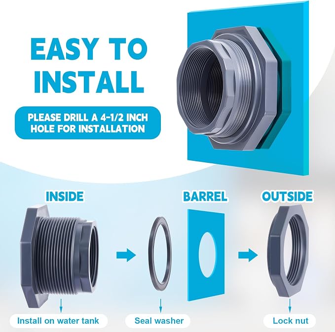 2 Pcs 4 Inch Bulkhead Fitting PVC Water Tank Connector Plumbing Pipe Threaded Bulkhead Fitting NPT for Rain Barrels, Water Tanks, Aquariums, Tubs, Pools