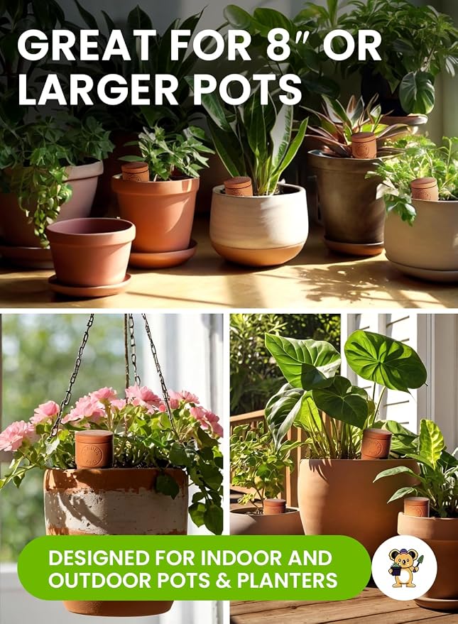 8pc Olla Watering Spikes For Plant Watering With Lids - Automatic Terracotta Self Watering Spikes For Indoor Plants & Outdoor - Terracotta Watering Spikes For 8" Pots Or Larger Water Plants While Away