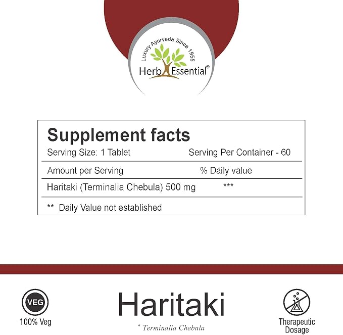 Herb Essential Organic Haritaki (Terminalia Chebula) 500mg (60 Tablets), GMP Certified Organic Terminalia Chebula, Vegan & Gluten-Free Herbal Supplement