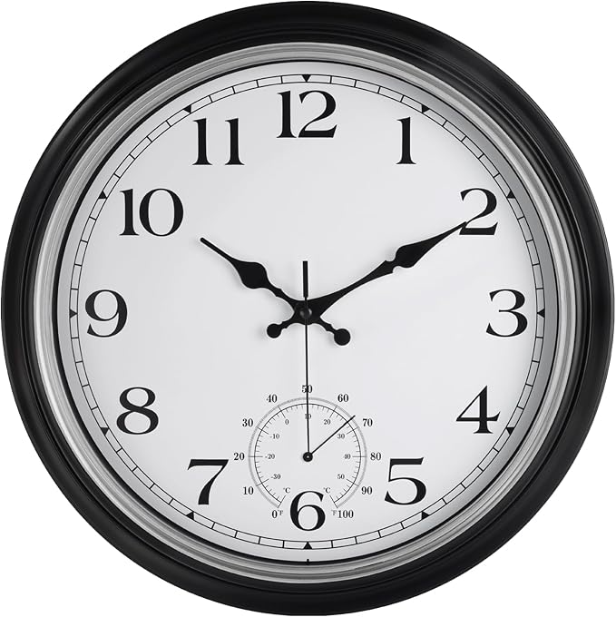 JoFomp Large Waterproof Outdoor Clock with Thermometer Combo - 16 inch Silent Non Ticking Quartz Battery Operated Wall Clock for Patio, Home, Pool, Garden, Porch, Deck (Silver, 16 Inch)