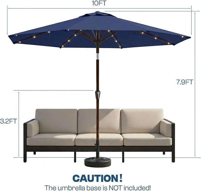 10FT Solar Patio Umbrella with Lights, Outdoor Table Market Umbrella with 32 LED Lights, 8 Sturdy Ribs, Push Button Tilt and Crank for Pool, Deck and Garden, UV-Resistant