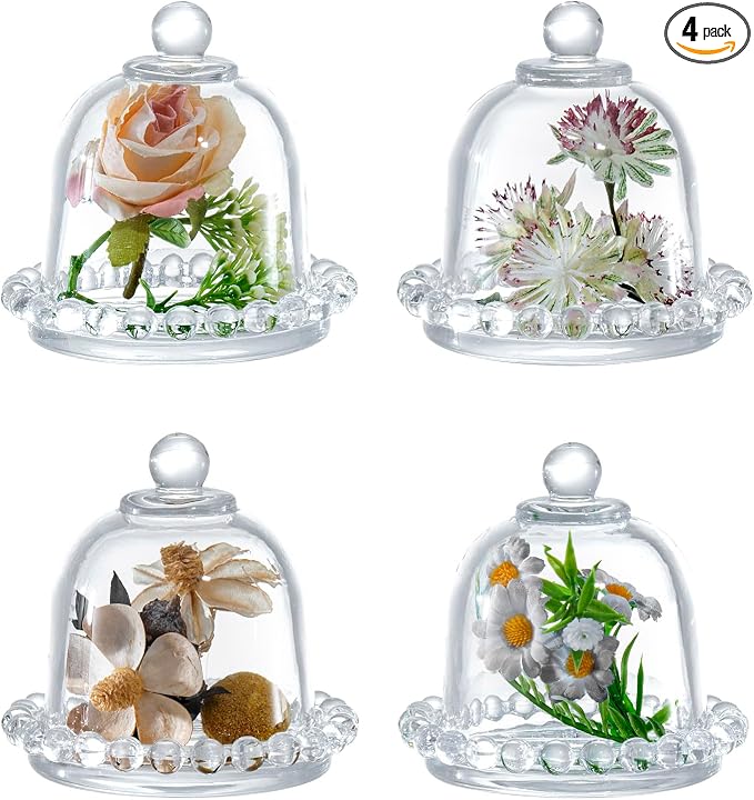 MyGift Set of 4 Mini Glass Cloche Domes with Scalloped Base – Small Round Display Covers for Trinkets, Keepsakes, Jewelry, Collectibles, Party Favors, Table Decorations, and Home Décor
