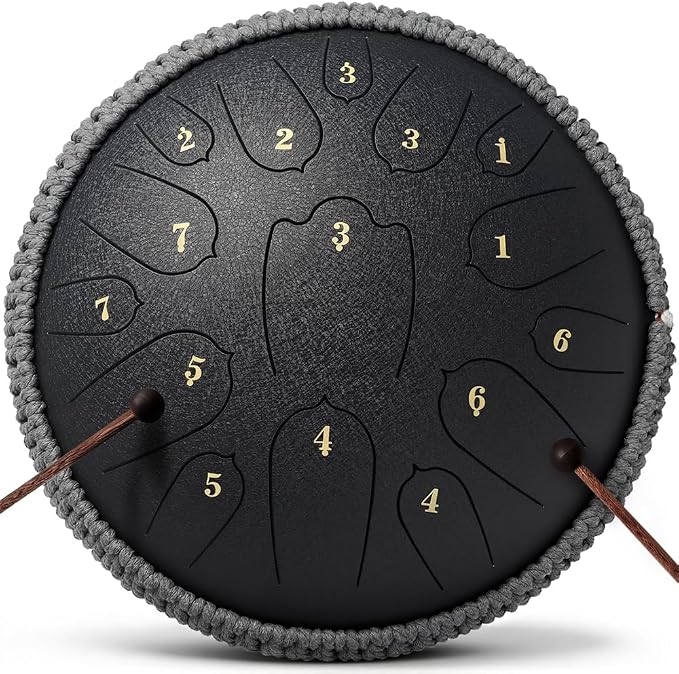 Rain Drum for Outside, 12 Inch 15 Notes Steel Tongue Drum, D Major Percussion Instrument with Soft Bag, Mallets & Music Book, Zen Garden Decor for Meditation, Yoga & Sound Healing (Black)
