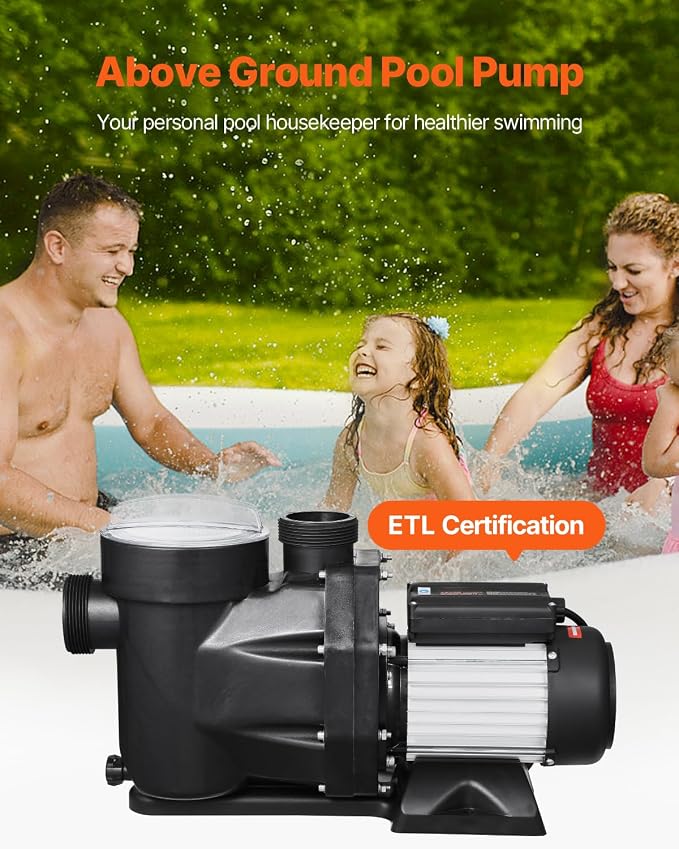 VEVOR In/Above Ground Pool Pump, 2 HP, Self Priming Single Speed Swimming Pool Pump, 220V 3450 RPM 61 ft Max Head Lift with PP Shell Strainer Basket, 122°F Max Water Temp, for Hot Tubs Spas, No Plug