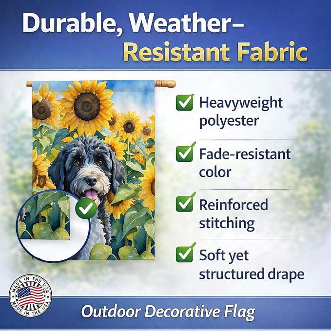 Caroline's Treasures DAC6143CHF Portuguese Water Dog in Sunflowers House Flag Large Porch Sleeve Pole Decorative Outside Yard Banner Artwork Wall Hanging, Polyester, House Size, Multicolor