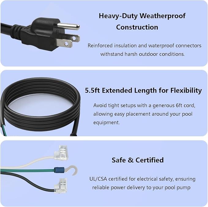 SPX1250WA Pool Pump Power Cord for Hayward Above Ground Pool Pumps | Compatible with Power Flo SP1500 and ll SP1700 Series, Perflex DE & ASL Series Cartridge Filter