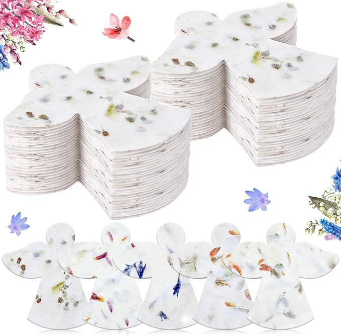 Dunzoom 50 Pcs Handmade Seed Paper Plantable Wildflower Seed Paper Recycled Flower Petals Tags Wedding Favors for Guests Craft Gifts Cards for Envelope Birthday Party, 5 Styles (Angel)