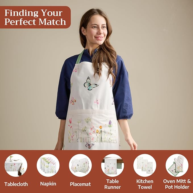 Maison d' Hermine Aprons for women with Pocket 100% Cotton (27.50"x31.50") | Adjustable Neck Strap & long ties Apron Men Chef Wedding Cooking Gardening Server Maid