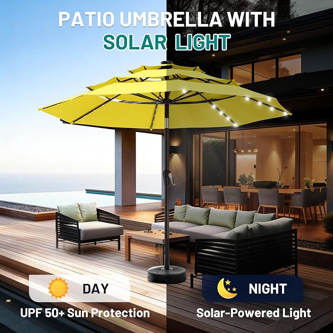 AreShark 9ft 3 Tiers Patio Umbrella with Solar Lights, Outdoor Umbrella w/ 32 LED Lights&8 Sturdy Ribs, Table Umbrella for Deck, Backyard, Pool (Yellow)