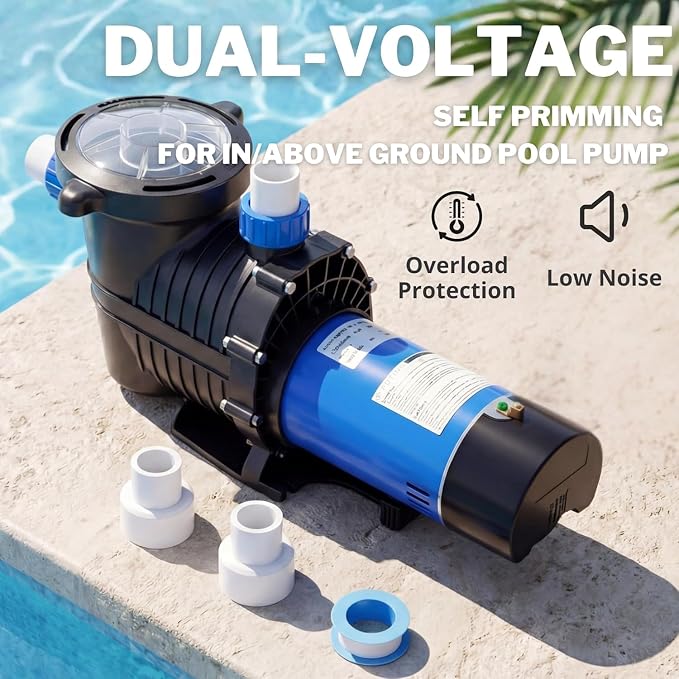 FOTING In/Above Ground Pool Pump, Self Primming Pool Pump High Flow 1.5" & 2" NPT Inlet Connectors,Deep Blue