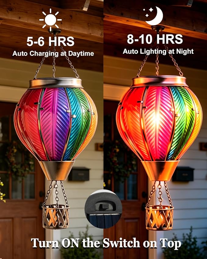 Larekook Rainbow Solar Hot Air Balloon Lantern with Flickering Flame Light,Glass Outdoor Garden Decor,Hot Air Balloon Solar Lantern Outdoor Waterproof Hanging Light for Yard Patio Porch Lawn
