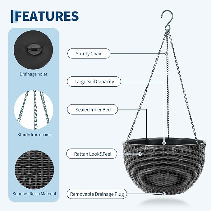 13.8 Inch Self Watering Hanging Planter, 4PCS Round Resin Hanging Basket for Indoor Outdoor Plants, Rattan Look Flower Pot with Drainage Plug, Deep Inner Pot and Sturdy Metal Triple-Chain Hanger
