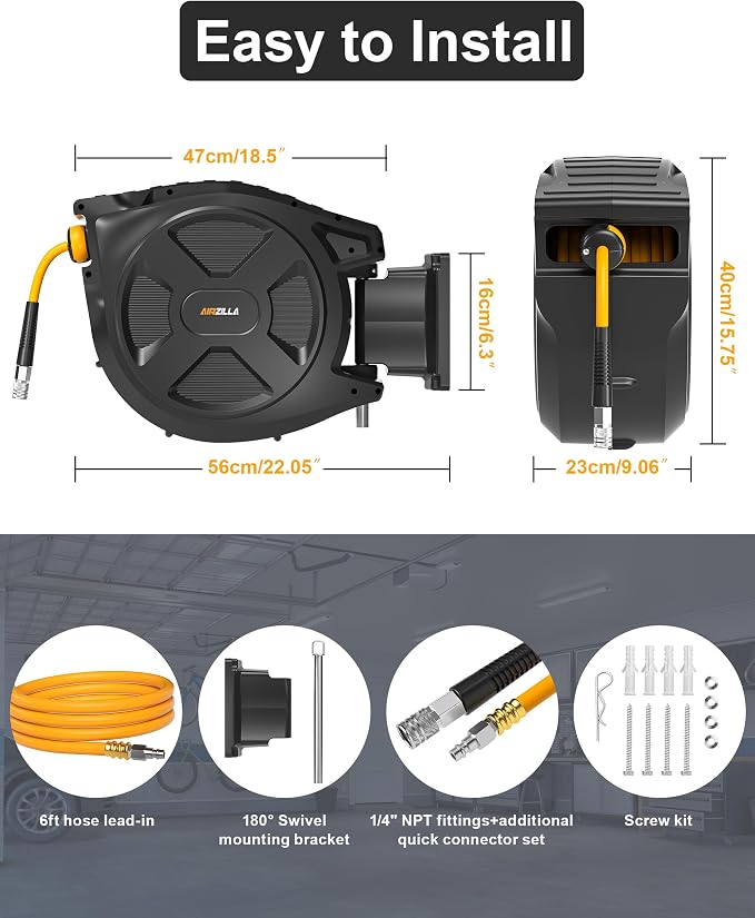 Retractable Air Hose Reel, 3/8" x 80Ft Flex Hybrid Air Hose Max 300PSI Kink-resistant Air Compressor Hose Reel Auto Rewind with 6Ft Lead in, Quick Connect, 180° Swivel Mounting Kit.