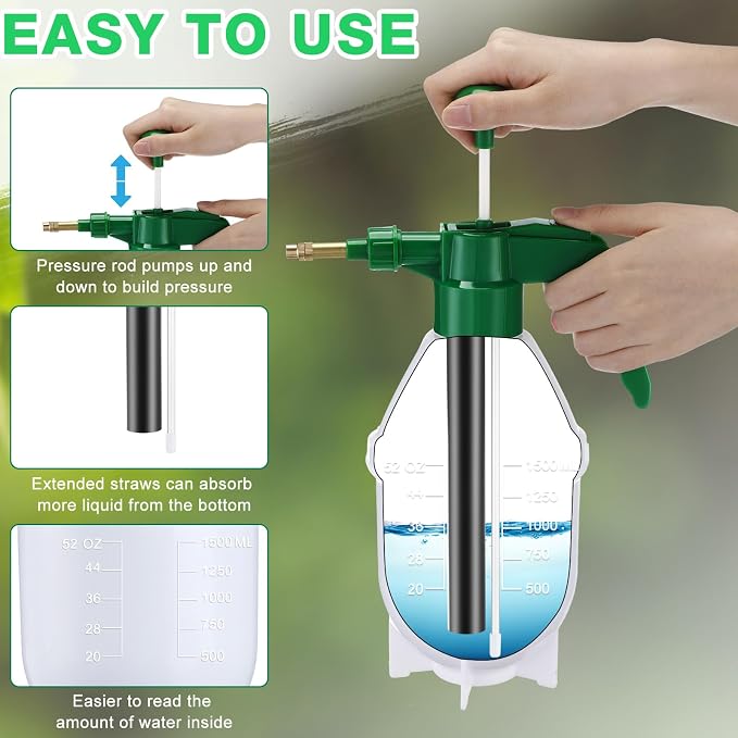 Ziliny 2 Pcs 50 oz Handheld Pump Spray Bottle Garden Mister Spray Bottles Lawn Pressure Hand Pump Sprayer with Adjustable Nozzle for Chemicals Watering Weeds Plants and Cleaning (Green)