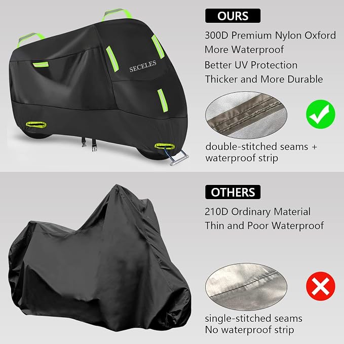 SECELES Dirt Bike Cover, 300D Motorcycle Cover Waterproof Outdoor All Season Protection Fit for Fat Bob Honda VTX 1300 C Kawasaki Vulcan 900 KLR 650 (3XL: 96" x 37" x 50")