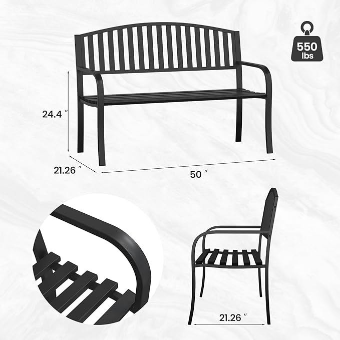50" Outdoor Bench, Heavy-Duty Metal Frame Graden Bench, Weatherproof Patio Park Bench for Front Porch, Park, Yard, Patio
