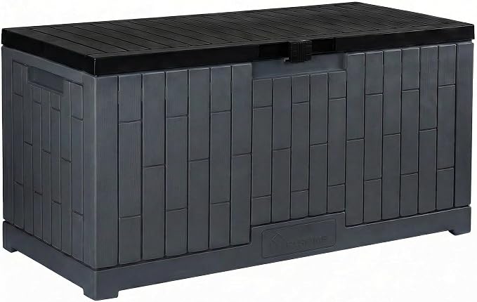 YITAHOME 120 Gallon Large Deck Box, 53"L x 22.7"W x 25.5"H Resin Outdoor Storage Box with Slide-Locking Black Lid for Patio Cushions, Garden Tools, Pool Supplies, Easy Assembly, Waterproof, Dark Gray